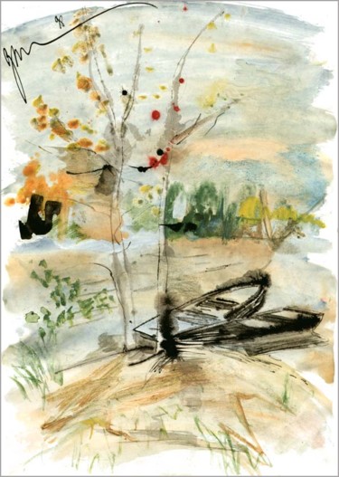 Рисунок под названием "Bouleaux et bateaux…" - Dima Wilms, Подлинное произведение искусства, Гуашь