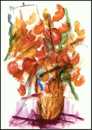 Desenho intitulada "Bouquet. rouge dyld…" por Dima Wilms, Obras de arte originais, Guache