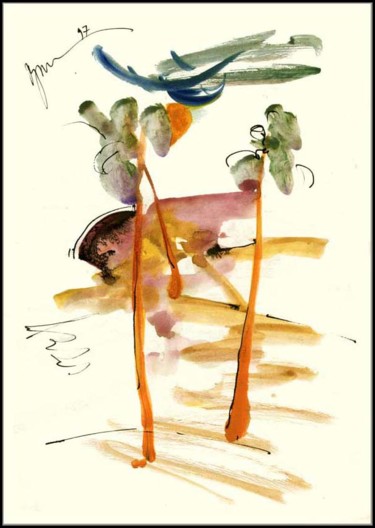 Disegno intitolato "Trois pins orange Т…" da Dima Wilms, Opera d'arte originale, Gouache