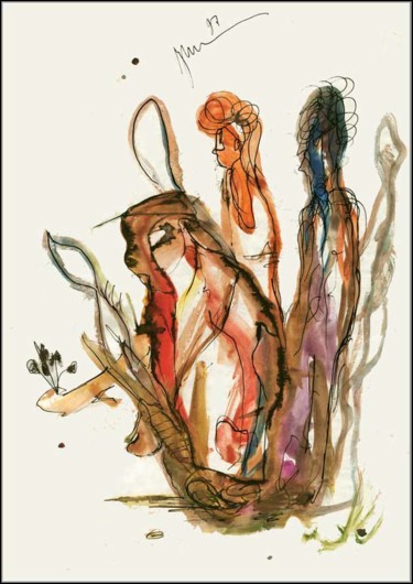 Zeichnungen mit dem Titel "Le castor et ses fi…" von Dima Wilms, Original-Kunstwerk, Gouache