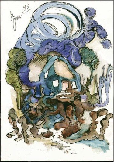 Zeichnungen mit dem Titel "Rue du village На д…" von Dima Wilms, Original-Kunstwerk, Gouache