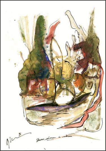 Dessin intitulée "Maison, pommes et b…" par Dima Wilms, Œuvre d'art originale, Gouache