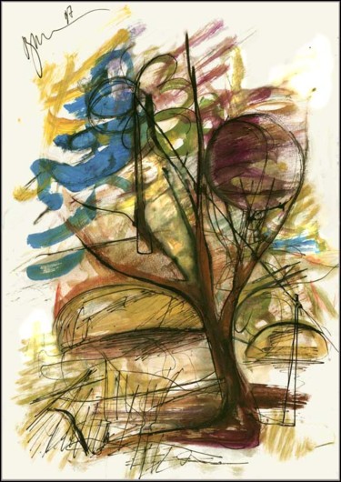 Desenho intitulada "Boule et arbre Шар…" por Dima Wilms, Obras de arte originais, Guache