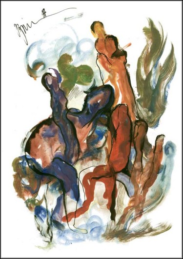 Dessin intitulée "Près du feu У костр…" par Dima Wilms, Œuvre d'art originale, Gouache