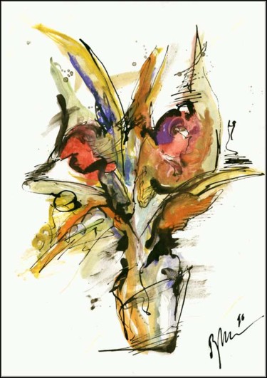 Dessin intitulée "Orange-red bouquet…" par Dima Wilms, Œuvre d'art originale, Gouache