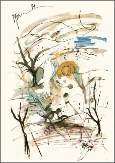 Dessin intitulée "Paysage hivernal Зи…" par Dima Wilms, Œuvre d'art originale, Gouache