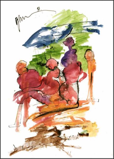 Dibujo titulada "Парочка и мама с сы…" por Dima Wilms, Obra de arte original, Gouache