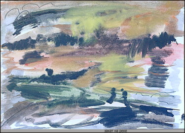 Zeichnungen mit dem Titel "Sunset on the river…" von Dima Wilms, Original-Kunstwerk, Gouache