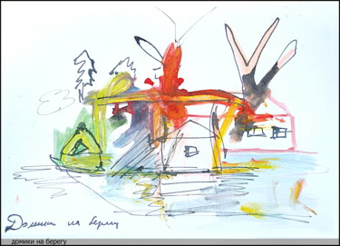 Drawing titled "Maisons sur le riva…" by Dima Wilms, Original Artwork, Gouache