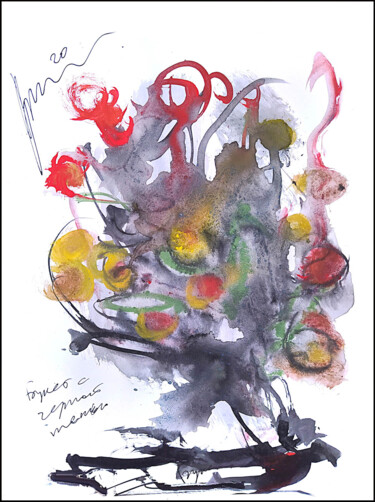 Drawing titled "bouquet with black…" by Dima Wilms, Original Artwork, Watercolor