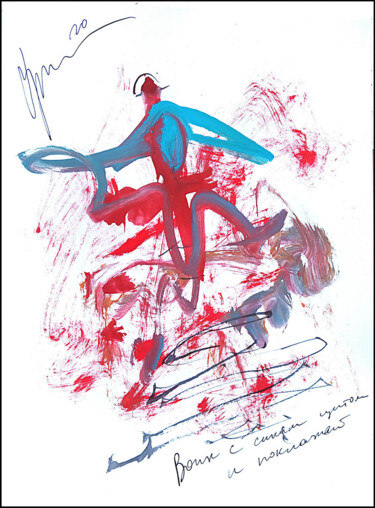 Drawing titled "warrior with blue s…" by Dima Wilms, Original Artwork, Gouache