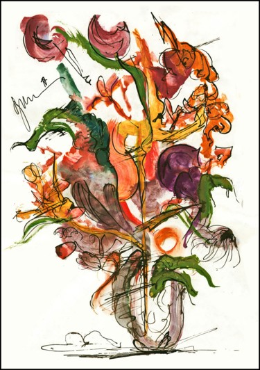Dessin intitulée "Bouquet À Quatre Po…" par Dima Wilms, Œuvre d'art originale, Gouache