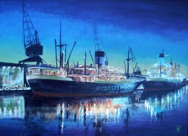 Painting titled "Night Docks" by Wilt, Original Artwork, Oil