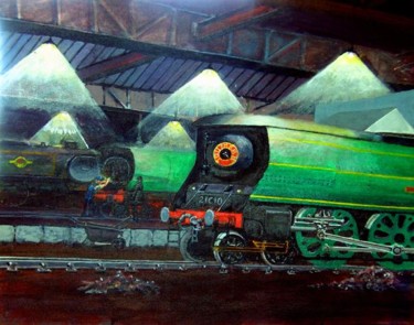 Painting titled "Bulleids on Shed" by Wilt, Original Artwork, Oil