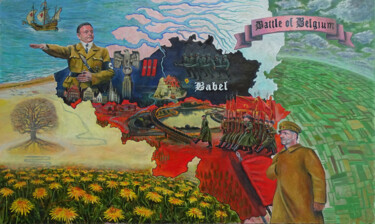 Schilderij getiteld "Battle of Belgium" door Wim Carrette, Origineel Kunstwerk, Olie