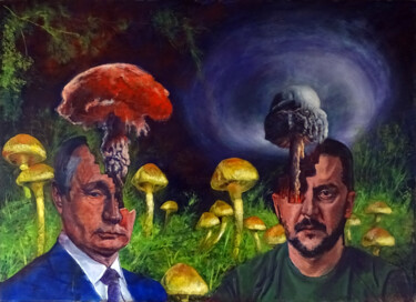 Malerei mit dem Titel "War of the Mushrooms" von Wim Carrette, Original-Kunstwerk, Öl