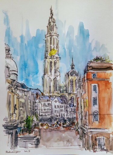 Dessin intitulée "Antwerpen Cathedral" par Wimvandewege, Œuvre d'art originale, Encre
