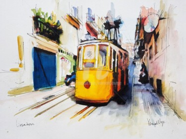 Картина под названием "Lisbon, yellow tram" - Wimvandewege, Подлинное произведение искусства, Чернила