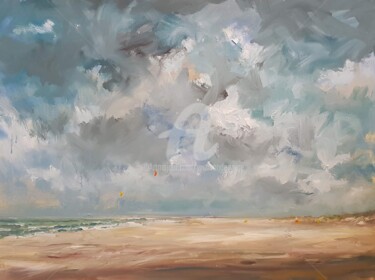 Painting titled "Cold beachday 26th…" by Wimvandewege, Original Artwork, Oil Mounted on Wood Stretcher frame