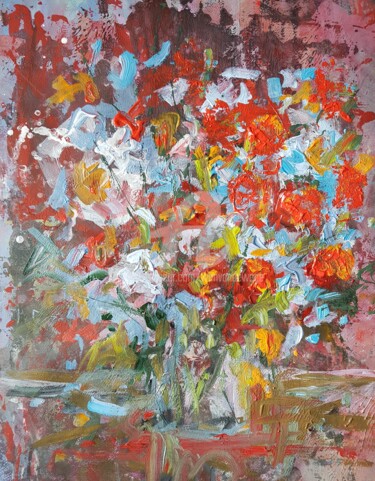 Картина под названием "Flowers in a vase #5" - Wimvandewege, Подлинное произведение искусства, Акрил