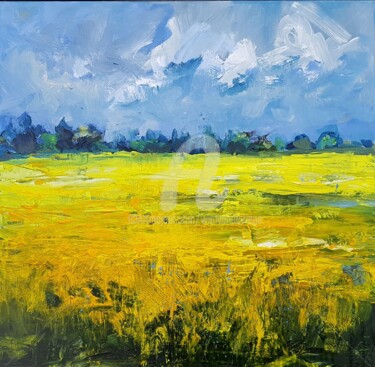 Painting titled "Yellow fields in th…" by Wimvandewege, Original Artwork, Acrylic Mounted on Wood Stretcher frame