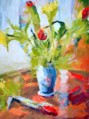 Schilderij getiteld "Roses in vase" door Wimvandewege, Origineel Kunstwerk, Acryl