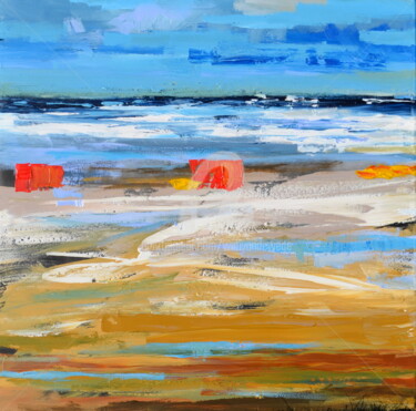 Painting titled "Kleurrijk strand" by Wimvandewege, Original Artwork, Oil Mounted on Wood Stretcher frame