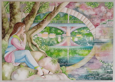 Malerei mit dem Titel "Girl by the Riversi…" von Winfried Musial, Original-Kunstwerk, Aquarell