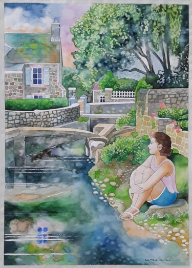 Painting titled "Girl at the Village…" by Winfried Musial, Original Artwork, Watercolor