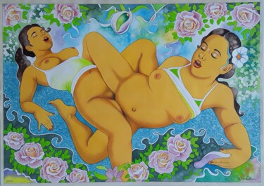 Pintura intitulada "Girls and Roses in…" por Winfried Musial, Obras de arte originais, Aquarela