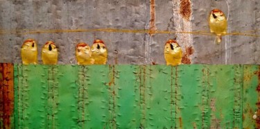 Pittura intitolato "On a wire perched/Н…" da Wittaya Pised, Opera d'arte originale, Olio