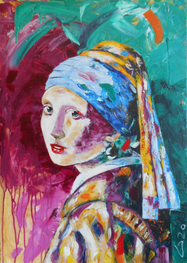 「Girl with Earring」というタイトルの絵画 Winfried Krauseによって, オリジナルのアートワーク, アクリル ウッドストレッチャーフレームにマウント