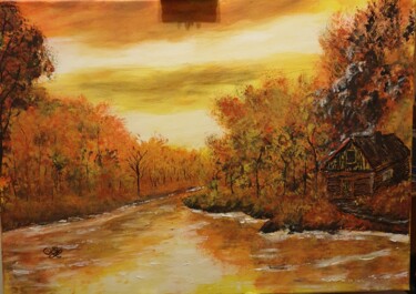 Картина под названием "Домик у реки" - Wladimir Zizilin, Подлинное произведение искусства, Акрил