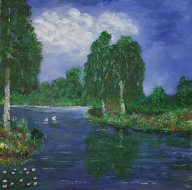 Картина под названием "Лебеди на озере" - Wladimir Zizilin, Подлинное произведение искусства, Акрил