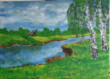 Malerei mit dem Titel "Берёзки у  реки." von Wladimir Zizilin, Original-Kunstwerk, Acryl