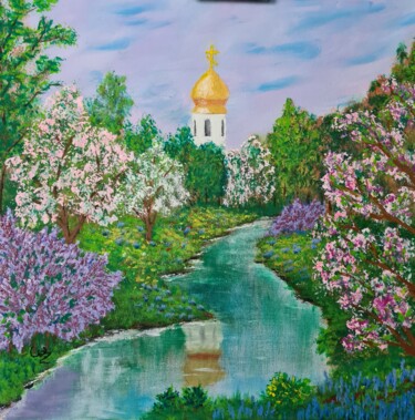 绘画 标题为“Церковь у реки.” 由Wladimir Zizilin, 原创艺术品, 丙烯