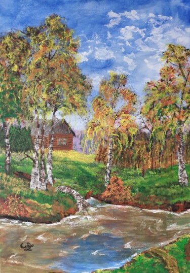 Картина под названием "Домик возле речки" - Wladimir Zizilin, Подлинное произведение искусства, Акрил