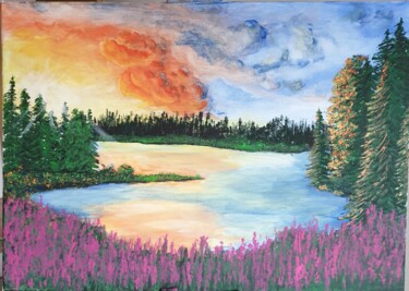 Картина под названием "Закат у озера." - Wladimir Zizilin, Подлинное произведение искусства, Акрил