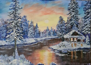 Картина под названием "Зимний вечер." - Wladimir Zizilin, Подлинное произведение искусства, Акрил