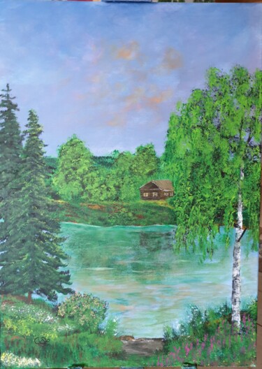 Painting titled "Дом у реки" by Wladimir Zizilin, Original Artwork, Acrylic
