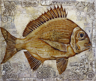 Painting titled "Fish Antique 1, ori…" by Wlad Safronow, Original Artwork, Oil Mounted on Wood Stretcher frame
