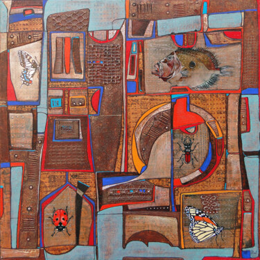 Painting titled "Konstruktion, origi…" by Wlad Safronow, Original Artwork, Oil Mounted on Wood Stretcher frame