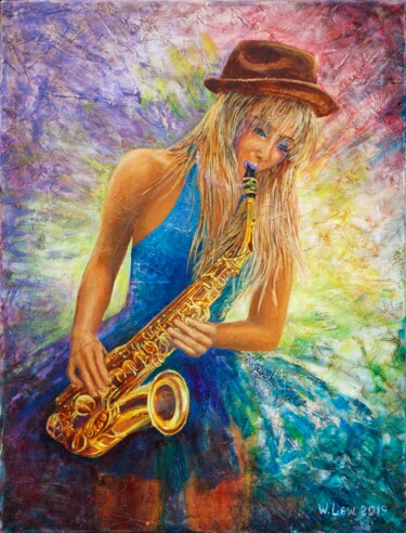 Painting titled "Jazz Saxofon" by Wladimir Lewtschenko, Original Artwork, Oil