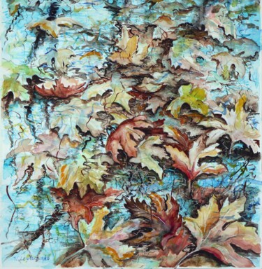 Malerei mit dem Titel "Laub im Wasser" von Wladimir Lewtschenko, Original-Kunstwerk, Aquarell