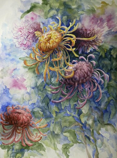 Pintura intitulada "Chrysanthemen 01" por Wladimir Lewtschenko, Obras de arte originais, Aquarela