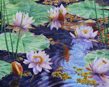 Malerei mit dem Titel "Seerosen im Regen" von Wladimir Lewtschenko, Original-Kunstwerk, Pastell