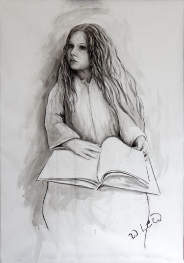 Pintura intitulada "Mädchen mit einem B…" por Wladimir Lewtschenko, Obras de arte originais, Carvão