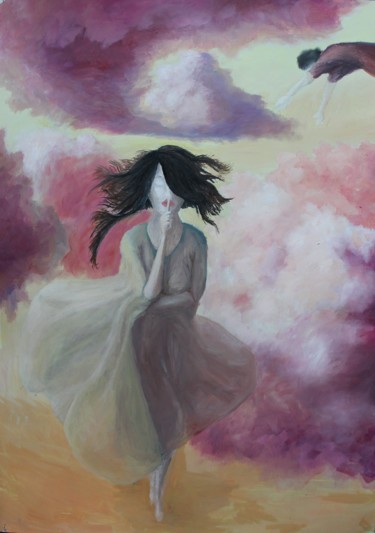 Schilderij getiteld "Girl in clouds" door Vladimir Glukhov, Origineel Kunstwerk, Olie