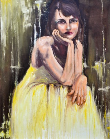 Jonge vrouw in geel Schilderij getiteld "Jonge vrouw in geel" door Rudy Dewaele, Origineel Kunstwerk, Olie