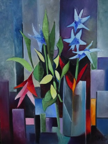 Painting titled "les-lys-bleus" by Martine Woellet, Original Artwork, Oil